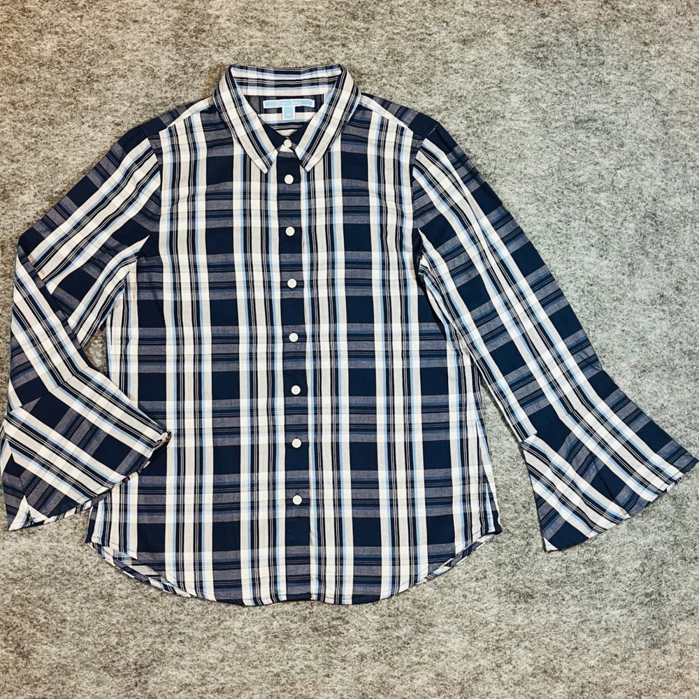 Draper James Button Down Shirt Women 10‎ Blue Plaid Bell Sleeve Cotton Office